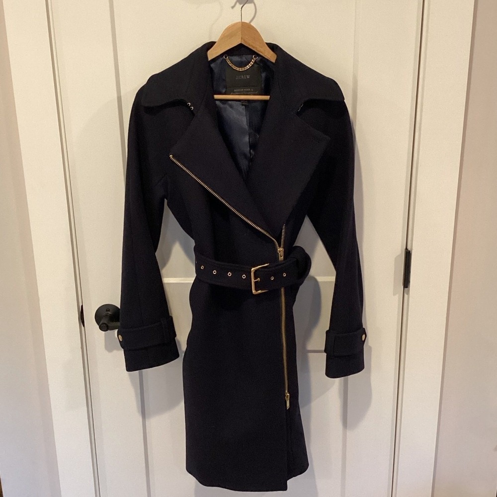 J Crew Womens Wool Belted Dress Coat Size 8 Blue Classic Preppy Sophisticated